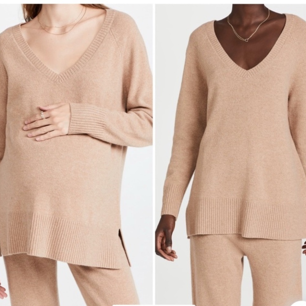 Hatch Maternity Women's Merino Wool V-Neck Sweater in Tan